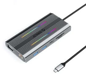 Orico USB-C Hub 12v1 RGB sivá / Dokovacia stanica / USB-C / PD 100W / HDMI 4K / VGA / RJ45 Gigabit (ORICO-XDR-X2-GY-BP)