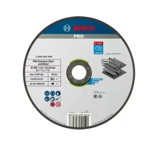 BOSCH 2608603406 / Rezací kotúč na nerezovú oceľ / Priemer 180 x 22.23 mm / Šírka rezu 1.6 mm (2608603406)