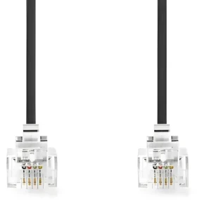 Nedis telefónny kábel RJ11-RJ11 plochý čierny / Telefónny kábel / RJ11-RJ11 / pozlátené konektory / 2 m (TCGL90200BK20)