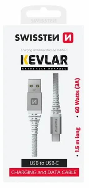 Swissten KEVLAR dátový kábel USB - USB-C 1.5m biela (71541011)