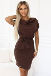 240-9 ROXI šaty s asymetrickou sukňou a opaskom - CHOCOLATE S