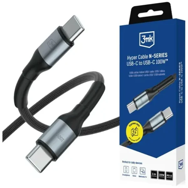 3mk Hyper kábel N-SERIES čierna / Dátový kábel / USB-C na USB-C / 3 m / 100W / PD 3.0 (5903108758208)