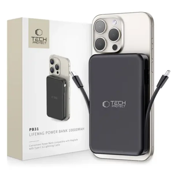 Tech-Protect LifeMag PB31 čierna / Powerbanka / MagSafe / 10000mAh / USB-C / USB-A / Lightning (25384-0)