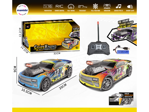 Mamido Mamido Auto na diaľkové ovládanie Crazy Engine 1:16 s vibráciami, svetlami a zvukom modré