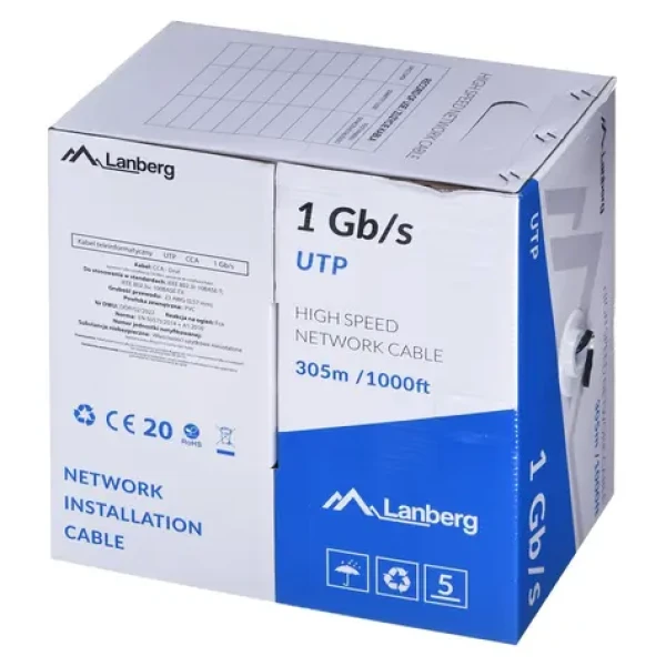 Lanberg UTP kábel drôt čierny 305 m / Sieťový kábel / CCA / 250 MHz / AWG23 (LCU6-10CC-0305-BK)
