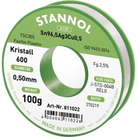 Stannol Kristall 600 Fairtin spájkovací cín bez olova bez olova Sn96,5Ag3Cu0,5 REL0 100 g 0.5 mm; 811022