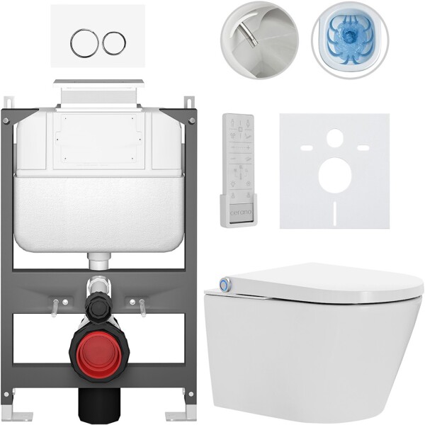 CERANO - Závesné WC s bidetom Basic/Cronus Premium - biela lesklá - WC tlačidlo Dualo/Biela - ovládanie zhora - predstenová inštalácia - 59,3x38,4 CER-8050BD86465