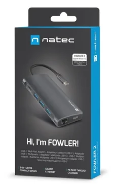 Natec Fowler 2 V2 / Multiportový adaptér / 4K HDMI / 3x USB 3.0 / USB-C PD 100W / RJ-45 1Gb/s / čítačka kariet (NMP-2162)