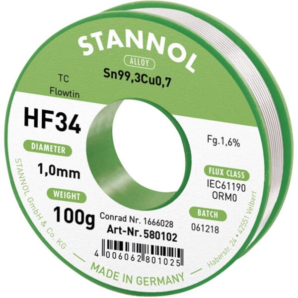 Stannol HF34 1,6% 1,0MM FLOWTIN TC CD 100G spájkovací cín bez olova cievka, bez olova Sn99,3Cu0,7 ORM0 100 g 1 mm; 580102