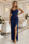 647-2 Priliehavé dlhé maxi šaty s obálkovým výstrihom a rozparkom - tmavomodré UNI