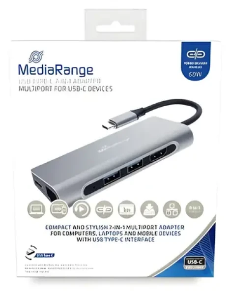 MediaRange USB-C strieborná / Dokovacia stanica / HDMI / USB 3.2 / RJ-45 / PD 60W / čítačka kariet SD (MRCS510)