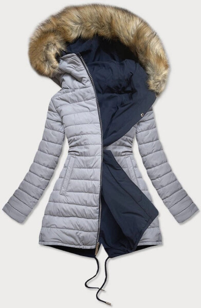 Tmavomodro-šedá obojstranná dámska zimná bunda s kapucňou (w210) odstíny šedé M (38)