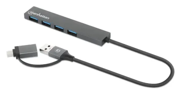 Manhattan Kombo-hub USB-C/USB-A sivá / USB hub / 4X USB-A / USB 3.2 Gen 1 / 5 Gbit/s / Bus Power (181006)