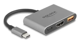 DeLock USB-C (M) - HDMI (F) + USB-A sivá / Adaptér / DP Alt Mód / 4K / 30 Hz / USB PD 90 W (61071)