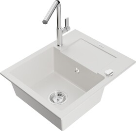 MEXEN/S MEXEN/S - Enzo granitový drez 1-miska s odkvapkávačom vrátane batérie Flora, biela 6506-20-670401-00