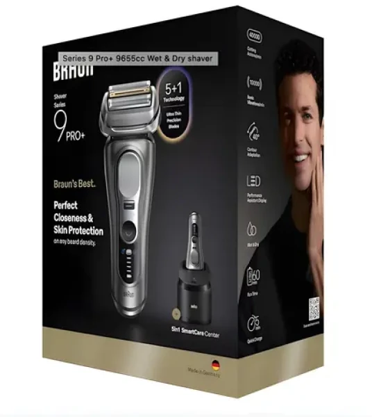 Braun Series 9 Pro+ 9655cc šedá WetDry / Holiaci strojček / Pánsky / Planžetový / 60 min prevádzka / Rýchlonabíjanie (554374)