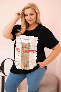 Dámska bavlnená blúzka v nadmernej veľkosti s potlačou "Day Dream" Black + Camel UNI