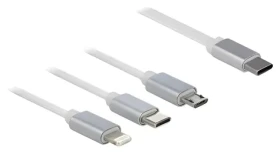 DeLock 3v1 biela / Nabíjací kábel / USB-C - Lightning/Micro USB / Zmotávací / 0,98 m (85844)