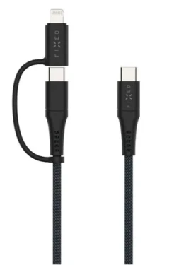 FIXED Nabíjací a dátový opletený kábel s konektormi USB-C/USB-C a Lightning adaptérom PD 1.2m MFi PD 60W sivý (FIXDB-CCL12-GR)