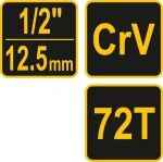 Vorel Račňa 1/2" 250 mm vyhnutá žlto-čierna / Račňa / 72 zubov / CrV oceľ / poplastovaná (TO-53577)
