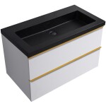 CERANO - Kúpeľňová skrinka Velora - biela matná, úchytka zlatá + umývadlo z lit. mramoru Ovo - čierna matná - 80,5x58x46,5 CER-979952