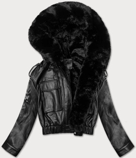 Čierna prechodná krátka kožená bunda s kožušinou J Style (11Z8172) odstíny černé XL (42)