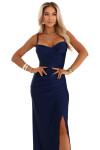 647-2 Priliehavé dlhé maxi šaty s obálkovým výstrihom a rozparkom - tmavomodré UNI
