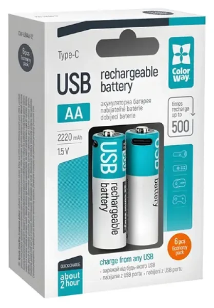 Colorway nabíjacia batéria AA / 2200 mAh / 1.5 V / USB-C / 6 ks (CW-UBAA-12)