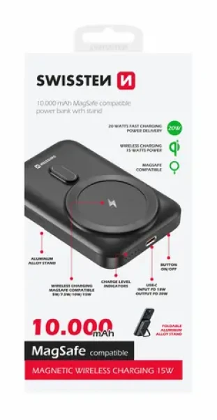 Swissten 22013974 POWER BANK 10000 mAh čierna / Power Bank / 20W / USB-C / Qi (22013974)