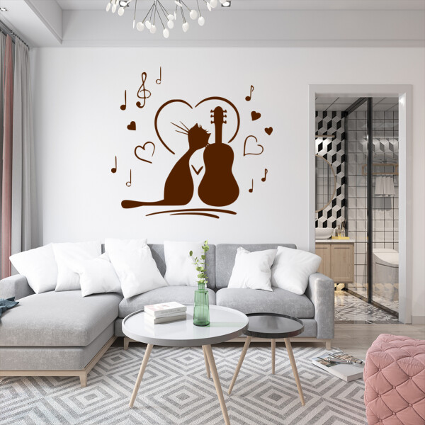 Veselá Stena Samolepka Mačička milujúca hudbu Farba: hnědá, Veľkosť: 100 x 93 cm