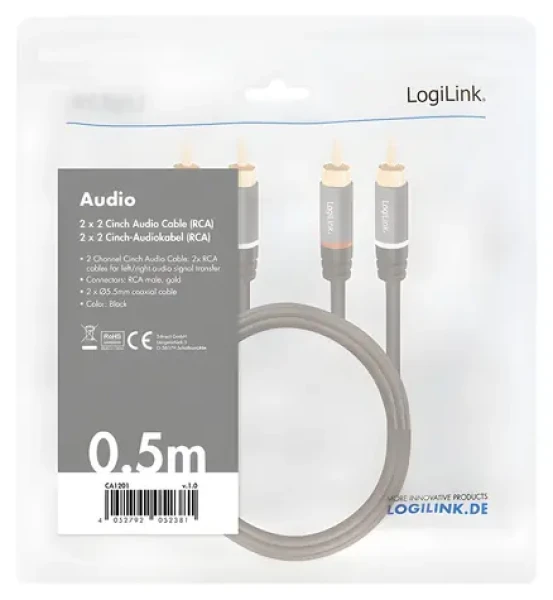 LogiLink 2x RCA (M) - 2x RCA (M) 0,5m čierna / Audio kábel / pozlátené konektory / tienený (CA1201)