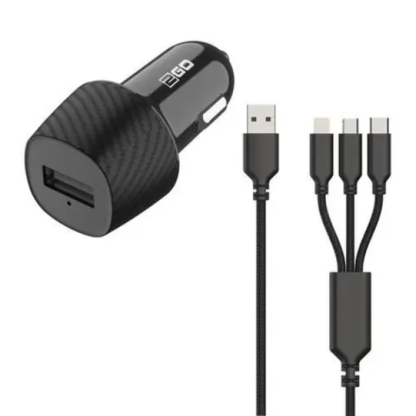 2GO 3in1 čierna / Autonabíjačka / 15W / Micro-USB Lightning USB-C (797258)