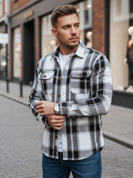 Pánska čierno-biela kockovaná flanelová košeľa FashionStreet DX2673 M