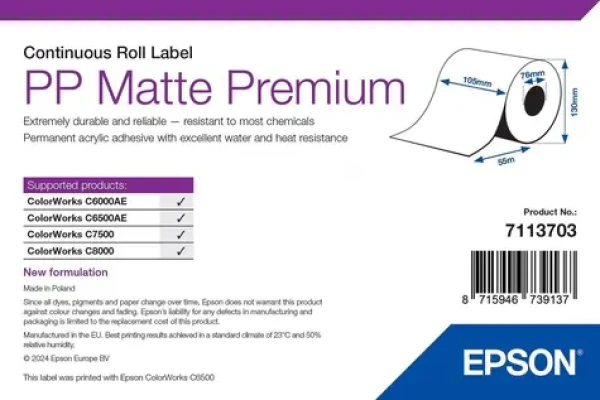 Epson Premium Matte Label 105 mm x 55 m / Etikety / Kontinuálne role / biela / vodeodolné (7113703)