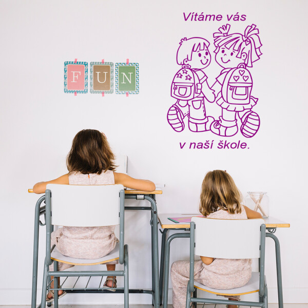 Veselá Stena Samolepka Vítame Vás v našej škole Farba: fialová, Veľkosť: 80 x 55 cm