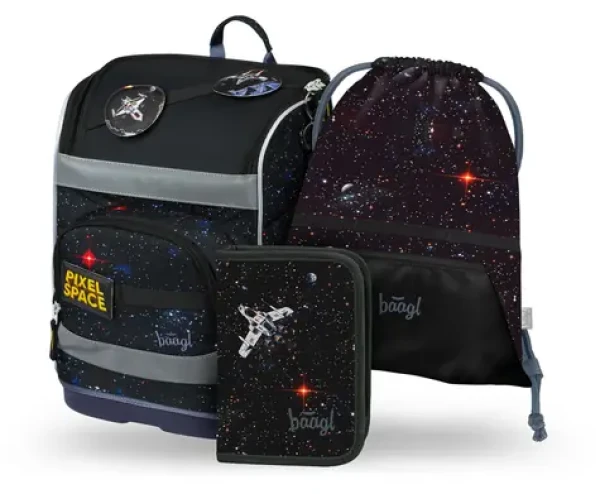 BAAGL SET 3 - Školský set Zippy PLUS Pixel Space: aktovka / peračník / vrecko (A-34952)