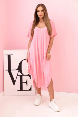 Dámske viskózové šaty s krátkymi rukávmi a rozšíreným lemom svetlo ružové UNI