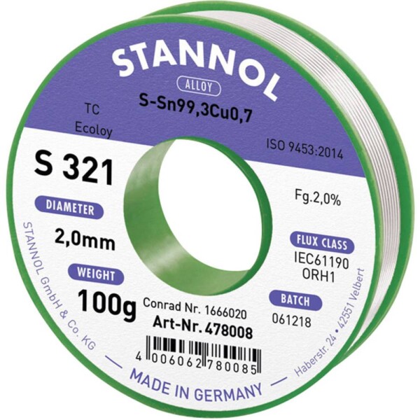 Stannol S321 2,0% 2,0MM SN99,3CU0,7 CD 100G spájkovací cín bez olova bez olova, cievka Sn99,3Cu0,7 ORH1 100 g 2 mm; 631912