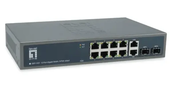 LevelOne GEP-1221 / PoE+ switch / 8x GbE PoE+ / 2x GE / 2x SFP / 150W / Unmanaged / 19" kov (GEP-1221)