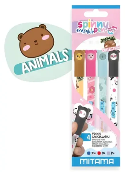 Mitama Spinny Pen Animal / Roller / vymazateľný / hrot 0,7 mm / sada 4 ks (63976)