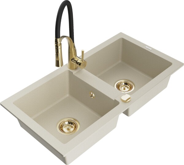 MEXEN/S MEXEN/S - Mario granitový drez 2-bowl vrátane batérie Aster, bážová 6504-69-73450-57-G