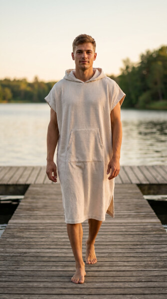 Pánske vafľové pončo Saimaa s kapucňou Egret L-XL