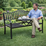 Mamido Záhradná kovová lavica pre 3 osoby s výsuvným stolíkom čierna