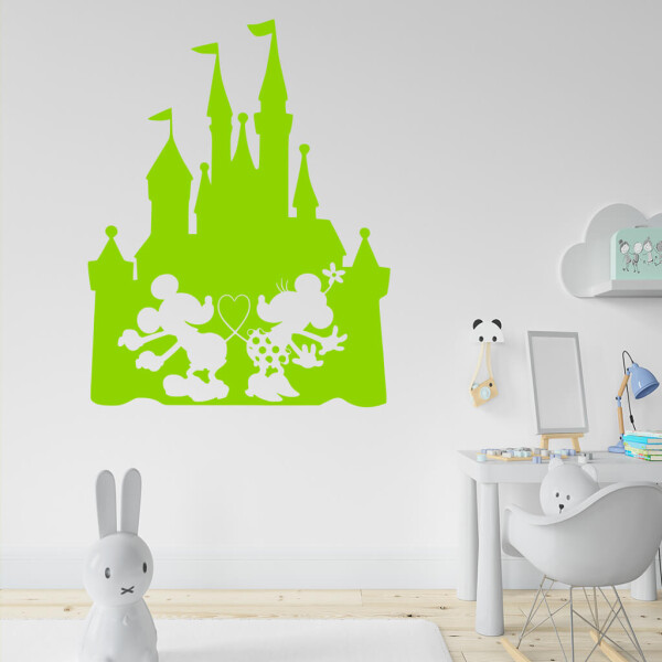 Veselá Stena Samolepka Zamilovaní Mickey a Minnie na Zámku Farba: zelená, Veľkosť: 80 x 62 cm