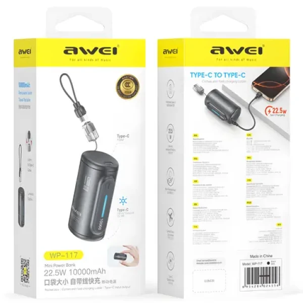 Awei WP-117 čierna / Powerbanka / 10000mAh / 22,5 W / 2x USB-C (WP-117)