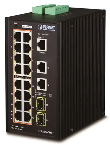 Planet IGS-20160HPT / Switch priemyselný / L3 / 18x 1Gb / 16x PoE 802.3at 320W / 2x 2,5Gb SFP / -40 až 75 ° C / IP30 (IGS-20160HPT)