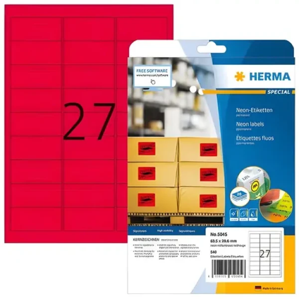 Herma Etikety A4 neónovo červená 63,5x29,6 mm / Etikety / papier matný / trvalé lepenie / 540 ks (5045)