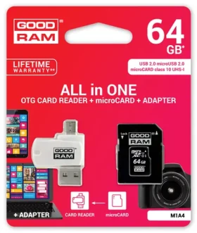 GOODRAM All-In-One 64GB / sada micro SDXC + adaptér + čítačka kariet / UHS-I / čítanie: 60MBs / zápis: 10 MBs (M1A4-0640R12)