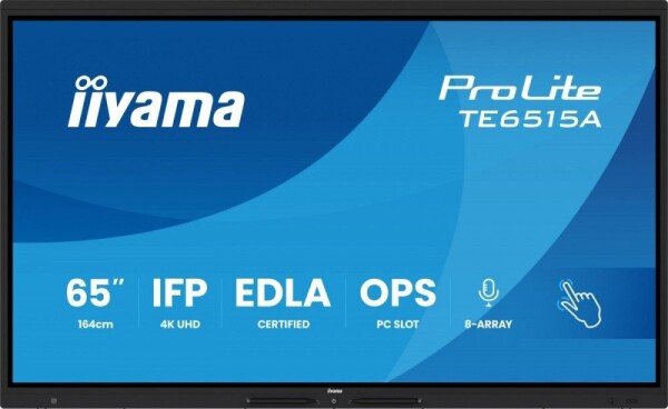 Iiyama IIYAMA TE6515A-B1AG 65inch Stylish IFP iiWare21E 3840x2160 UHD IPS Android 14 16/128GB 2xHDMI DP 2xUSB-C VESA 600x400