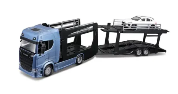 Bburago STREET FIRE Kamión s návesom Multicar Carrier Scania 770S + Porsche Macan 1:43